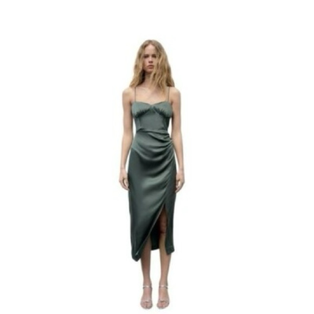 Zara Dark Green Satin Midi Dress Size S 100% Viscosa